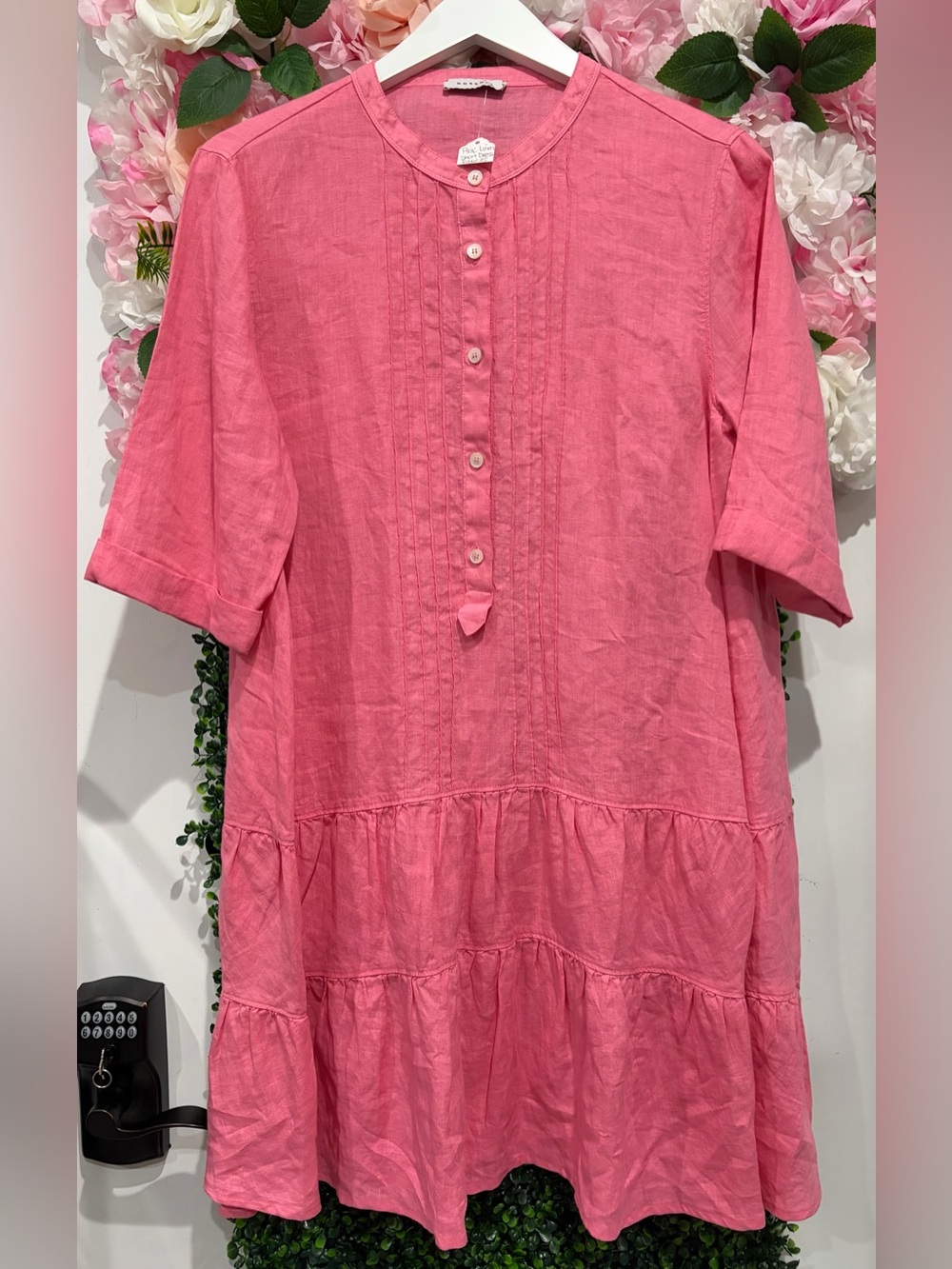 Rosso35 Pink Tiered Linen Midi Dress